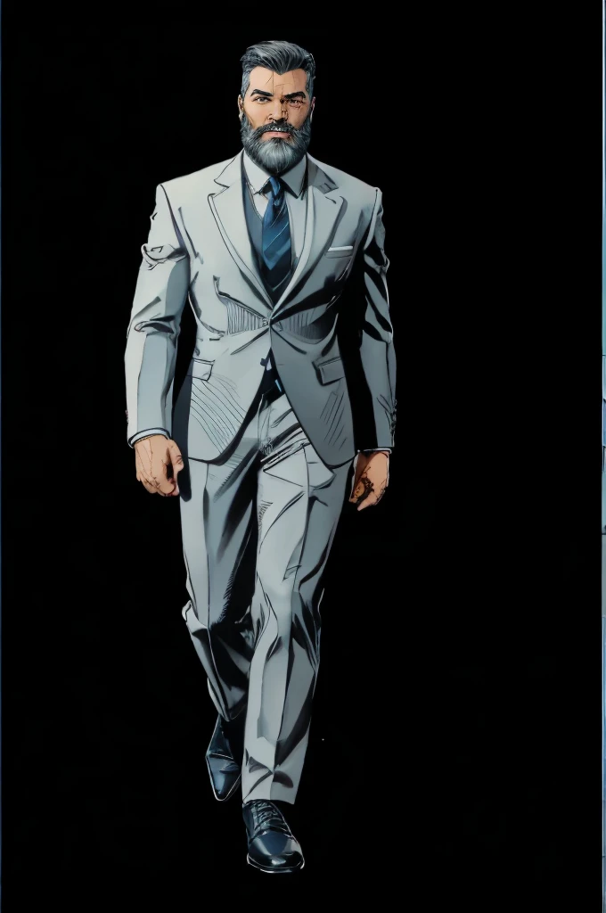 man looking at viewer, style marvel comics, full height body, front view, beautiful, square face,kindly smiling,detailed white beard,detailed face,short white haircut,wearing business suit,dark blue tie,gray pants,black shoes,white background,masterpiece,photorealistic,ultra-detailed,vibrant colors