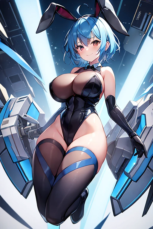 1girl, blue hair, large breasts, bunny ears, rabbit ears, wide hips, bodysuit, black bodysuit, short hair, very short hair, science-fiction, tech, futuristic, machinery, full body, ((full body)), smile,