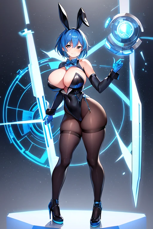 1girl, blue hair, large breasts, bunny ears, rabbit ears, wide hips, bodysuit, black bodysuit, short hair, very short hair, science-fiction, tech, futuristic, machinery, full body, ((full body)), smile,