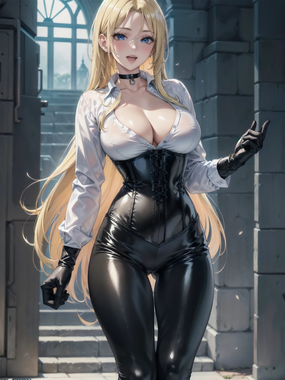 Masterpiece, Superior image quality, high resolution, 4k image,photo and gross, photorealistic, whole body, 1 young blonde of 15 years, walking, {{{}}}, , beautiful face, long blonde hair, Blue eyes, very detailed eyes, pink cheeks, happy expression, draw smile with open mouth, choker:1.6, (white collar button down long sleeve shirt), black gloves, gloves that cover hands, (black leather corset), (shiny black leggings), Sensual Lips, show details in the eyes, View from the front, looking at the viewer, walking en una aldea medieval de fondo, at daytime