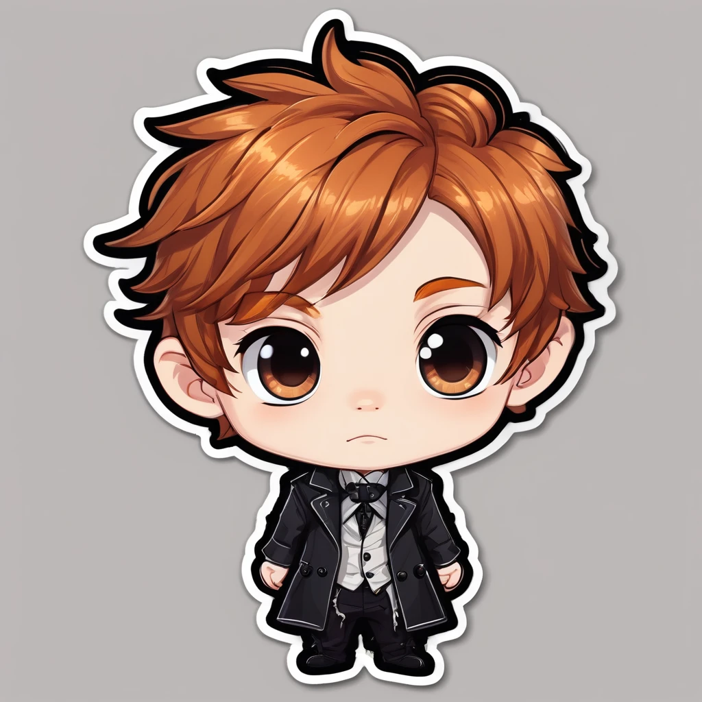 a sticker，boy with ginger hair, white colored eyes, cut hair, dark look, magic, with, drawing image, simple background, Cute cartoon, Gothic style, chibi style, highy detailed, highest quallity, high details, work of art, black leagwear