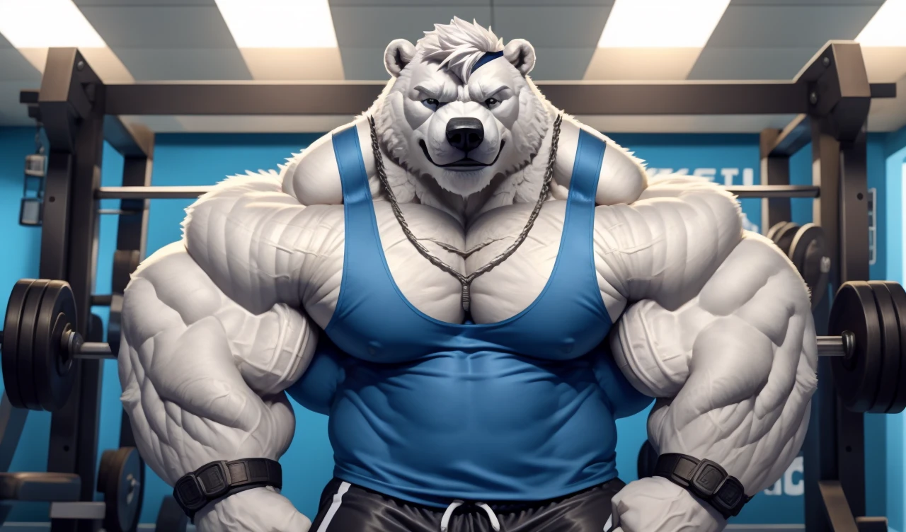 Brock Ólafsson The Huge Muscled Polar Bear, with White Hair, Blue Tank Top, Black Wristbands and Black Gym Shorts, Flexing His Thorax.