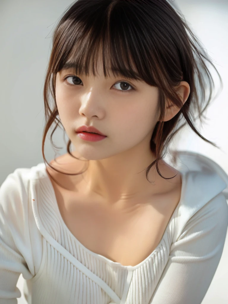 Selfie、Close-up of a woman wearing a white sweater, neat hair With bangs, short detailed hair, Baiji haircut hairstyle, short detailed hair With bangs, south east asian with round face, Cute and delicate face of girl, With bangs, Korean girls, Young cute asian face, Korean symmetrical face, middle parted bangs, Avatar profile picture,the background is clean