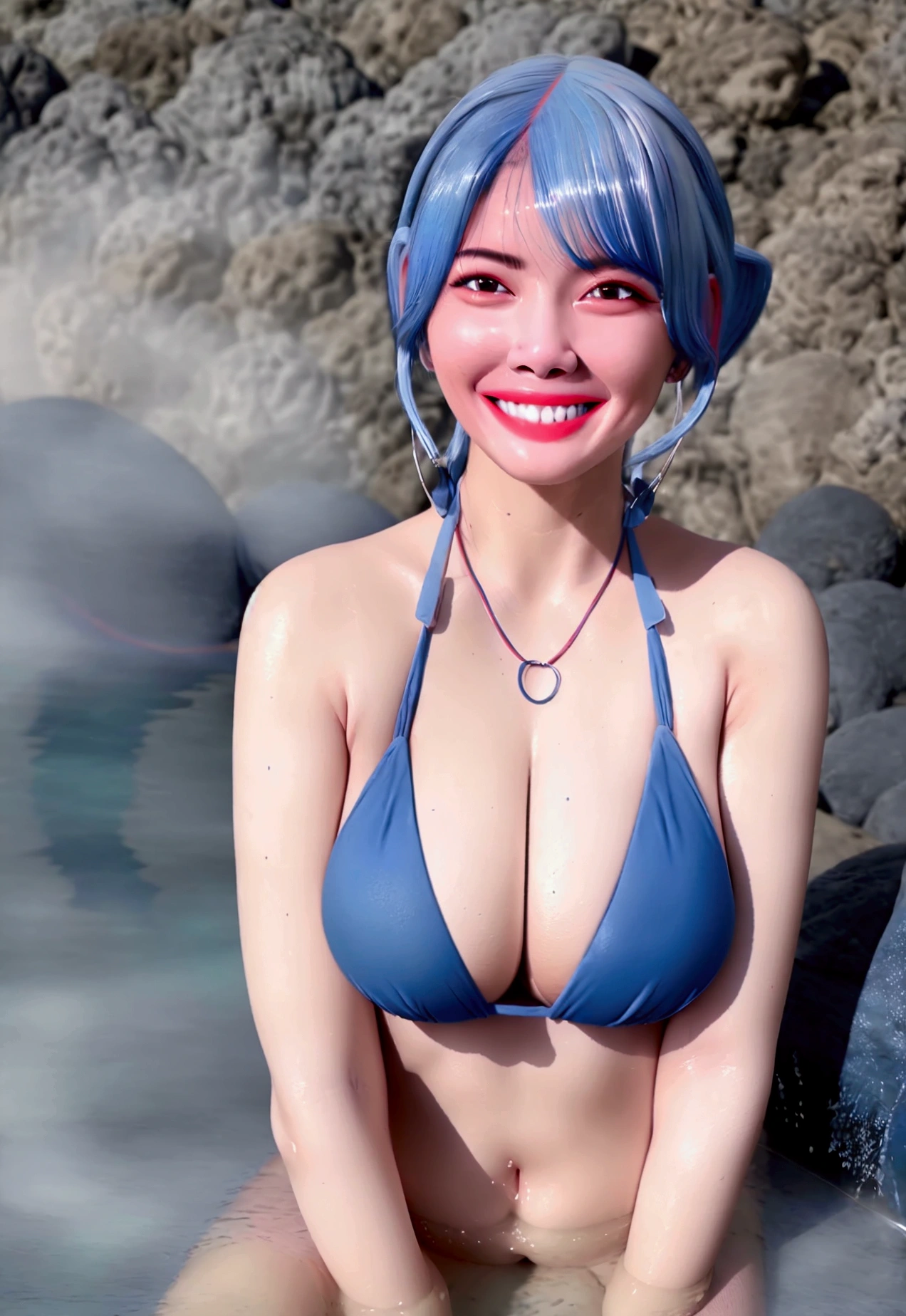(masterpiece, Highest quality:1.3), (Super detailed:1.2), (hyperRealistic:1.3), (RAW Photos:1.2), High-definition RAW color photos, Professional photos, (PhotoRealistic:1.4), (Realistic:1.4), Professional Lighting, Perfect Anatomy, (Big Breasts:1.2), (blush, Detailed face), (Bright smile:1.5), (Blue Hair:1.5), Trending Hair&Trending Hairカラーをランダムに, Earrings, necklace, bracelet, Sexy, erotic Sexy, Random sexy gravure poses, ((Sexy babe in micro bikini smiles while relaxing in hot spring。her hair is tied。background, Steaming rock bath。: 1.3)