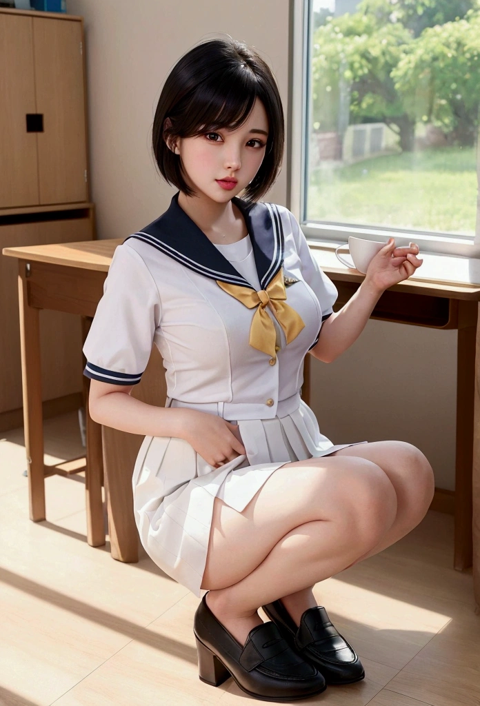 Enchanting girl, [ 4K Digital Art ],Hyperrealistic painting, Art with attention to detail, 8K high quality, detailed art,A gal with beautiful legs,(puppet,Thick lips:1.2),【Sailor suit】,Side details,Pleated skirt,Brown Loafers,Short black hair,Black pumps,Sweaty,close,squat,classroom,(Blushed),（Nipples are visible）、It&#39;s visible through the uniform shirt、（Wide-open legs）、（Thin legs）【Underwear is visible、White pants】、Black short hair、classroom、floor、corridor、（front）、H Cup、School。