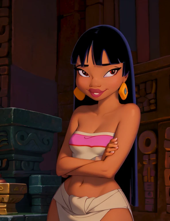 masterpiece, best quality,
1girl, chel, black hair, long hair, blunt bangs, brown eyes, dark skin, lipstick, tube top, cleavage, bare shoulders, earrings,
smile, upper body, solo, looking at viewer, market background