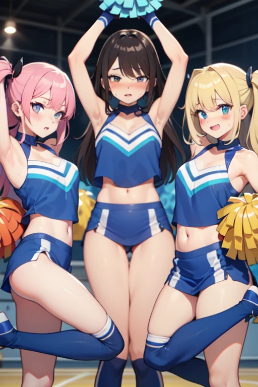 Three cheerleading girls very sweaty and blushing 