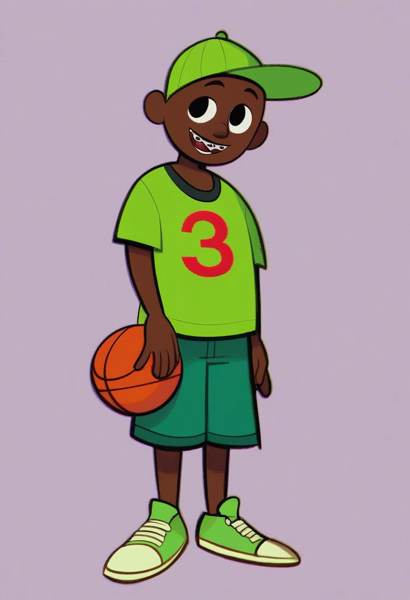 joseph, looking at viewer, smile, open mouth, simple background, shirt, 1boy, hat, standing, full body, male focus, dark skin, dark-skinned male, braces, dark green backward baseball cap, light green t-shirt with basketball on center of shirt, darker green shorts, light green shoes. black eyes, bald, short