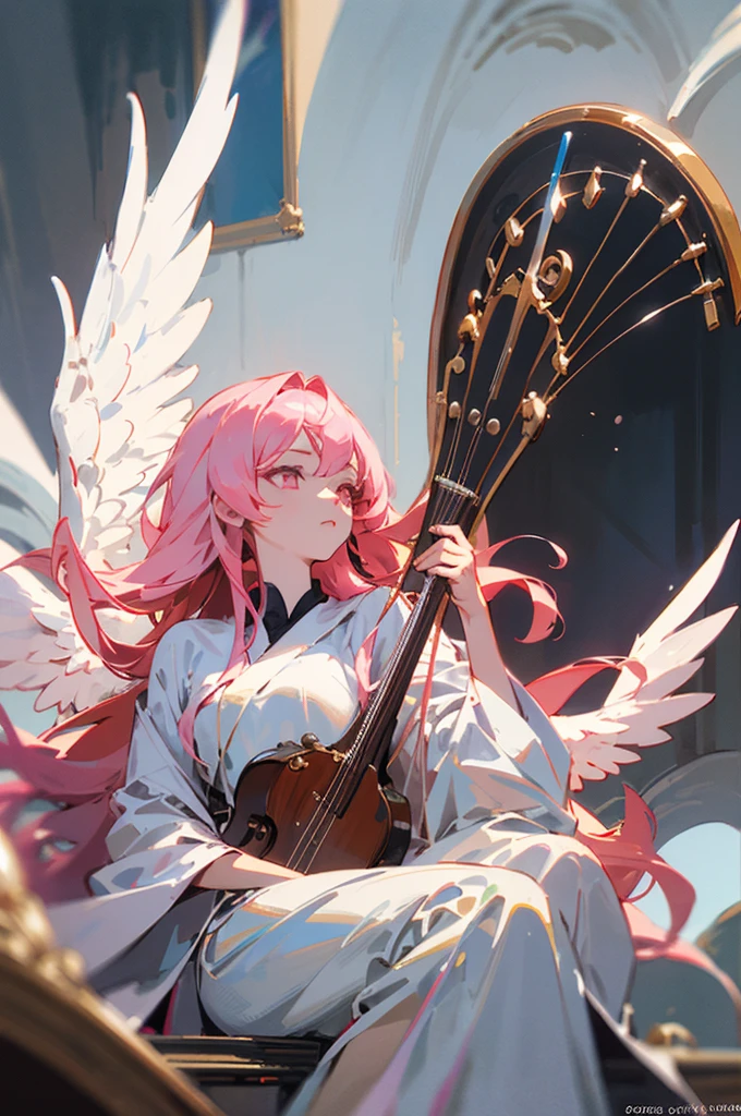 ((best qualityer)), ((work of art)), (detailded), female, pink hair, long hair, pink eyes, white robe, holding Lyre, white wings