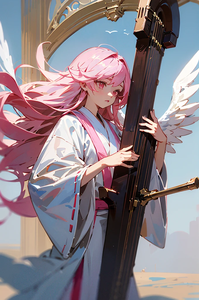 ((best qualityer)), ((work of art)), (detailded), female, pink hair, long hair, pink eyes, white robe, holding Lyre, white wings