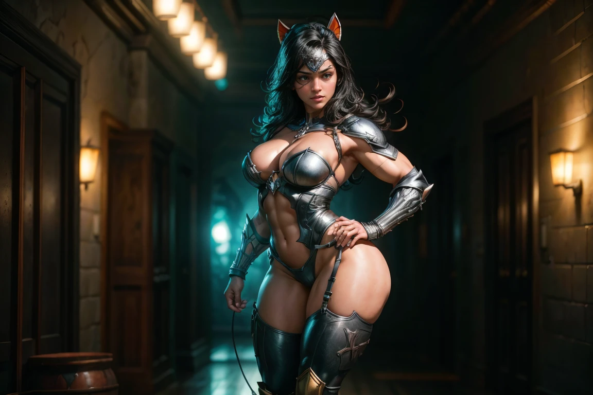 1 boy 1 girl, a muscular man in deadpool armor and mask, a curvy naked hourglass woman with wonderwoman headgear and arm guards with wide hips and thick thighs, totally naked girl swooping breasts perfect ass, glowing rope yellow neon glow lying on floor, , 1 boy and 1 girl, the arkham streets at night, cinematic lighting, hyper detailed, 8k, photorealistic, dramatic lighting, moody atmosphere, gritty and dark, comic book style, rich colors, dynamic pose