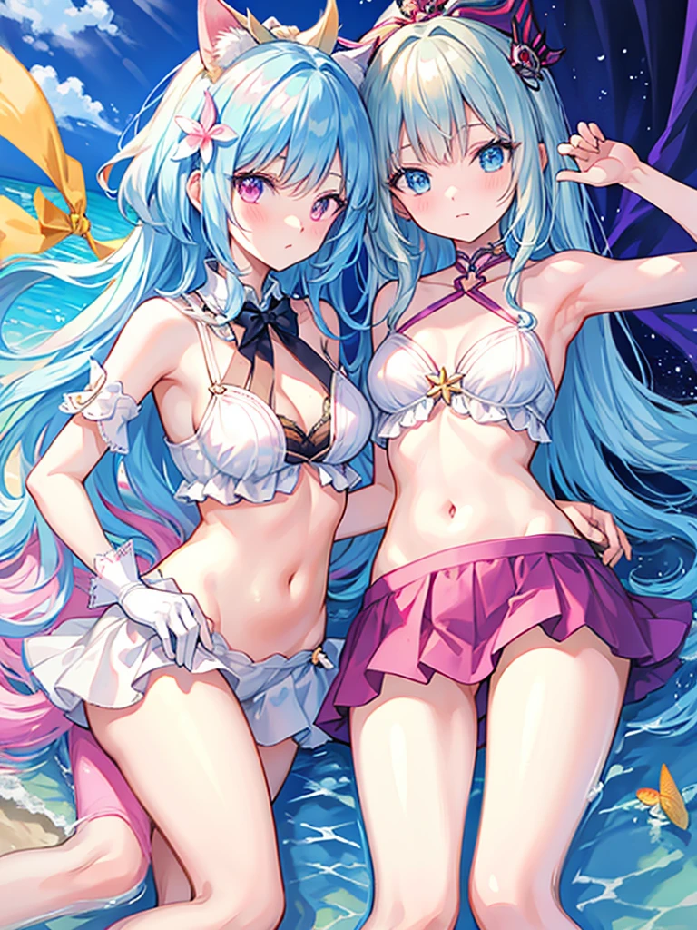 (masterpiece), best quality, long hair, straight hair, anime girl, young, skinny, sexy, beach , ( pink miniskirt), medium thighs, medium , navel, g cup chest, (beautiful face) , seductive , white gloves, upper thighs, bare shoulders , good angle , light blue hair , firefly (honkai star rail), leaning, ponytail, armpits, lying