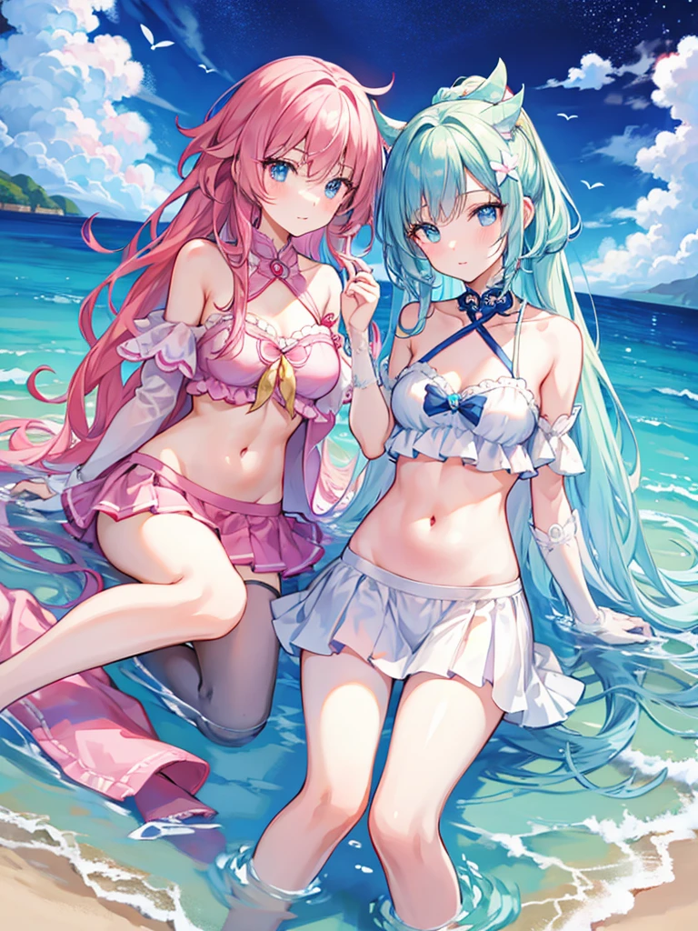 (masterpiece), best quality, long hair, straight hair, anime girl, young, skinny, sexy, beach , ( pink miniskirt), medium thighs, medium , navel, g cup chest, (beautiful face) , seductive , white gloves, upper thighs, bare shoulders , good angle , light blue hair , firefly (honkai star rail), leaning, ponytail, armpits, lying 