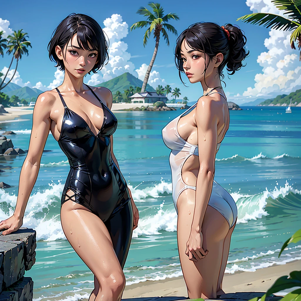 ((highest quality, masterpiece, High resolution)), ((reality)),Photos of beautiful Japanese women,((anime art))、 (((1 girl))), normal size breasts, slim body shape, medium short hair, double eyelid, Wet see-through one-piece swimsuit,, A pareo with bold ethnic patterns and plenty of primary colors、realistic skin、Wet,whole body,cinematic light、tropical、Against the background of palm trees on both sides、on a sunny beach、With the sea in the background、blur background、Clean abs,