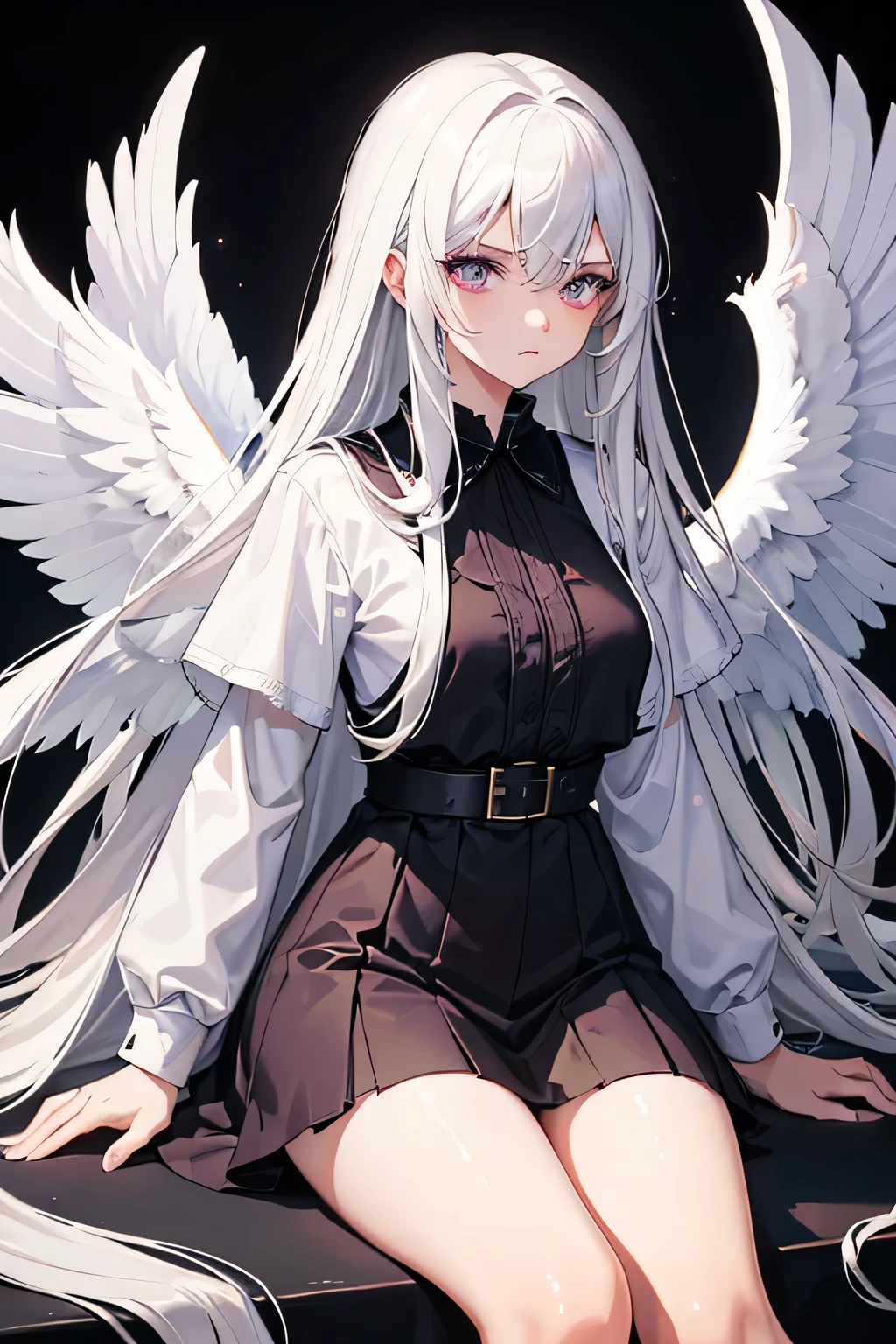 A girl with angel wings, long white hair, purples eyes. Angry face. Dirty clothes. Dark background.