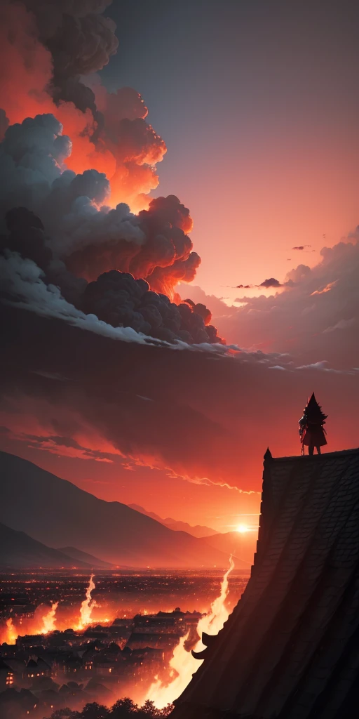 Knight looking at village in flames the sky red colour with black cloud 