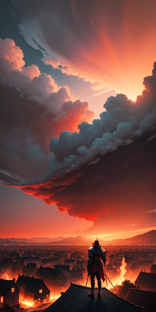 Knight looking at village in flames the sky red colour with black cloud