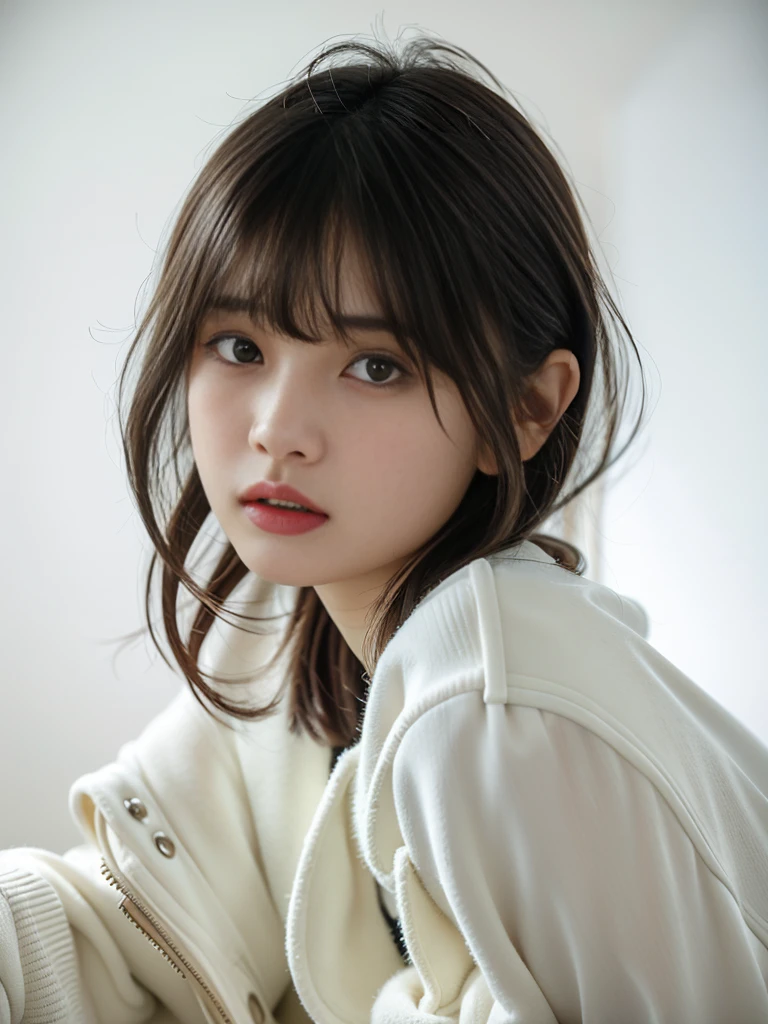 Selfie、Close-up of a woman wearing a white sweater, neat hair With bangs, short detailed hair, Baiji haircut hairstyle, short detailed hair With bangs, south east asian with round face, Cute and delicate face of girl, With bangs, Korean girls, Young cute asian face, Korean symmetrical face, middle parted bangs, Avatar profile picture,the background is clean