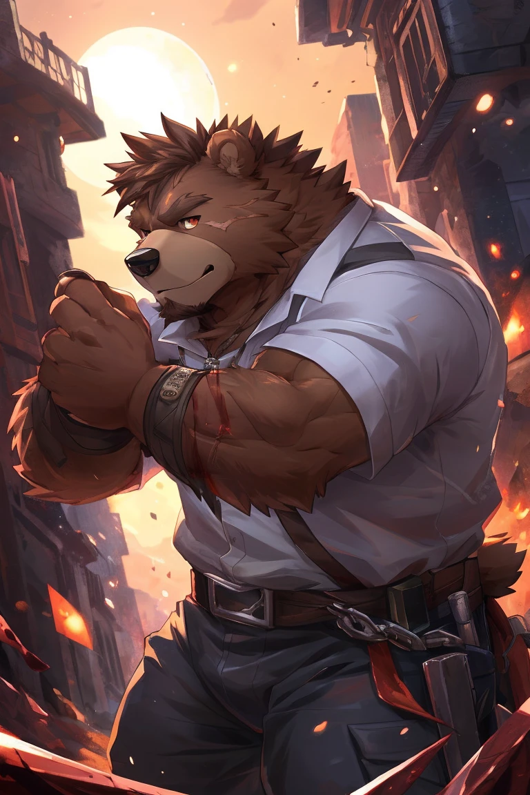 human nature, Wildlife, male,36 years old，Uncle， solitary, ((Round Face, The face is plump,Orange eyes,thick brown hair，Furry little ears with scars)), ((Endomorph, Handsome的，Hot Blood)), （construction worker，White architectural clothing，Holding a military long knife), ((domestic brown bear, Bear Orc，) Fluffy fur, Fluffy), Bokeh, (high quality, high resolution, masterpiece), (Dynamic Lighting, Vibrant colors，Natural fill light), (Revitalize，Handsome，), Full body picture (close up), cartoon, author：Takemoto Arashi, From zixiong, By Chunni, author：Empty Ghost，moonlight，Draw the sword on the cliff，Lean on your teammates&#39; backs，Two-player combat，Night，Surrounded，Beautiful starry sky，（background：moonlight的悬崖边）