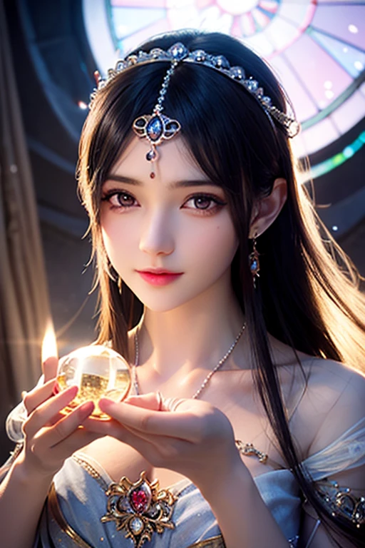 a beautiful young girl, a female fortune teller, crystal ball, night, long detailed hair, detailed facial features, piercing eyes, elegant dress, delicate hands, intricate crystal ball, glowing crystal ball, magical atmosphere, dark moody lighting, cinematic composition, highly detailed, photorealistic, 8k, masterpiece