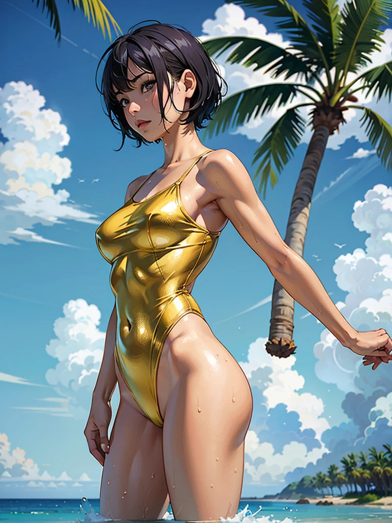((highest quality, masterpiece, High resolution)), ((reality)),Photos of beautiful Japanese women,((anime art))、 (((1 girl))), normal size breasts, slim body shape, medium short hair, double eyelid, Wet see-through gold micro one-piece swimsuit,, A pareo with bold ethnic patterns and plenty of primary colors、realistic skin、Wet,whole body,cinematic light、tropical、Against the background of palm trees on both sides、on a sunny beach、With the sea in the background、blur background、Clean abs,