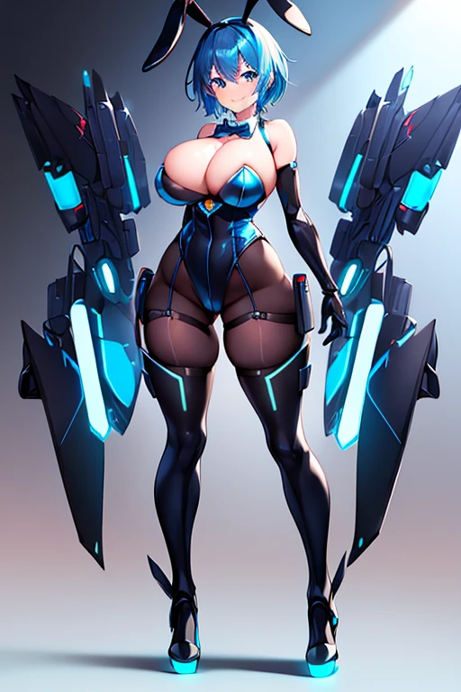 1girl, blue hair, large breasts, bunny ears, rabbit ears, wide hips, bodysuit, black bodysuit, short hair, very short hair, science-fiction, tech, futuristic, machinery, full body, ((full body)), smile, light smile, robot girl, drone, high heels, black thighhighs, neon trim, blue neon trim