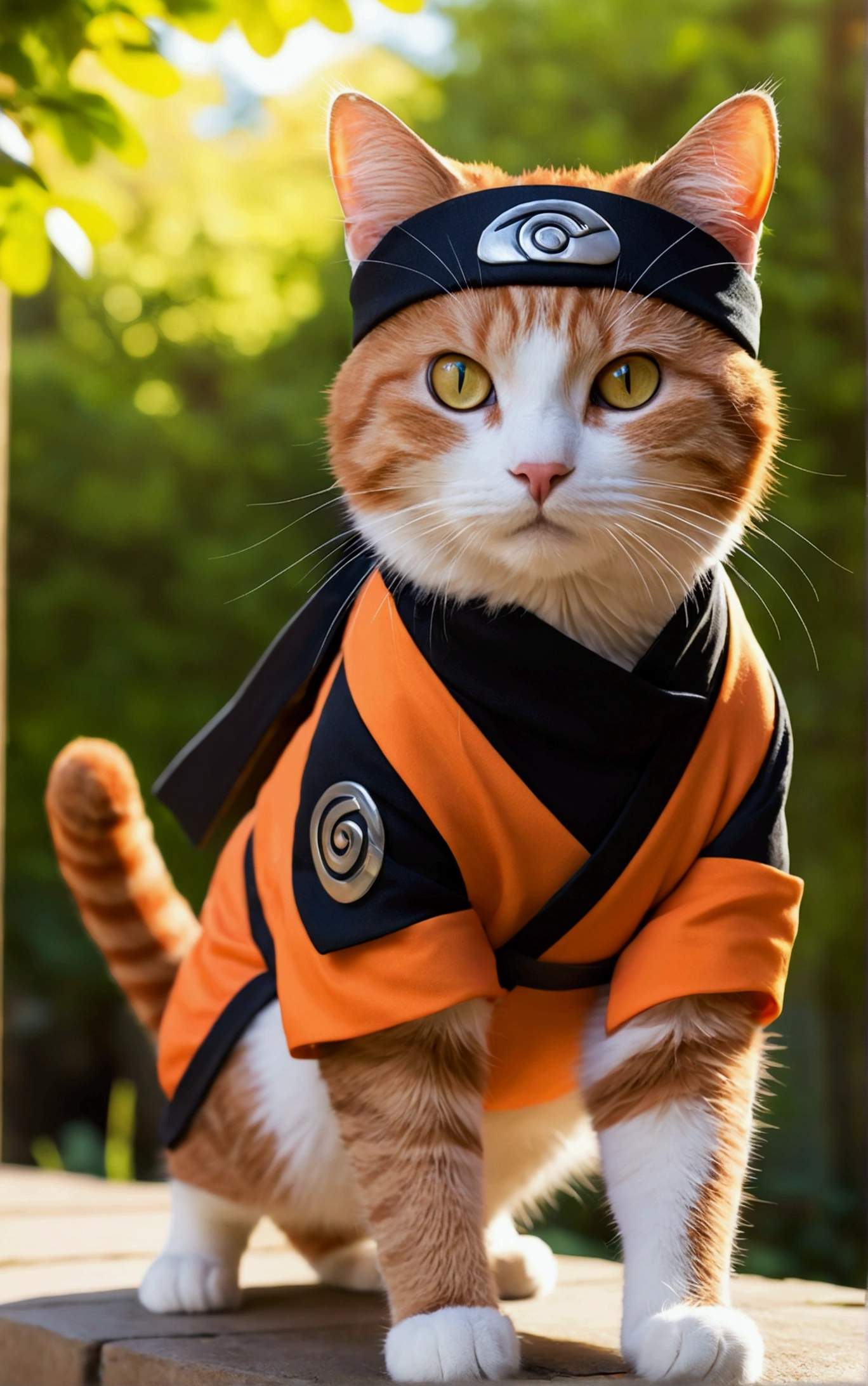 a cat wearing a naruto outfit, detailed cute cat, beautiful eyes, cat face, cat paws, furry cat, dynamic pose, action, orange and black outfit, ninja headband, leaf village symbol, vibrant colors, dynamic lighting, photorealistic, 8k, high resolution, masterpiece