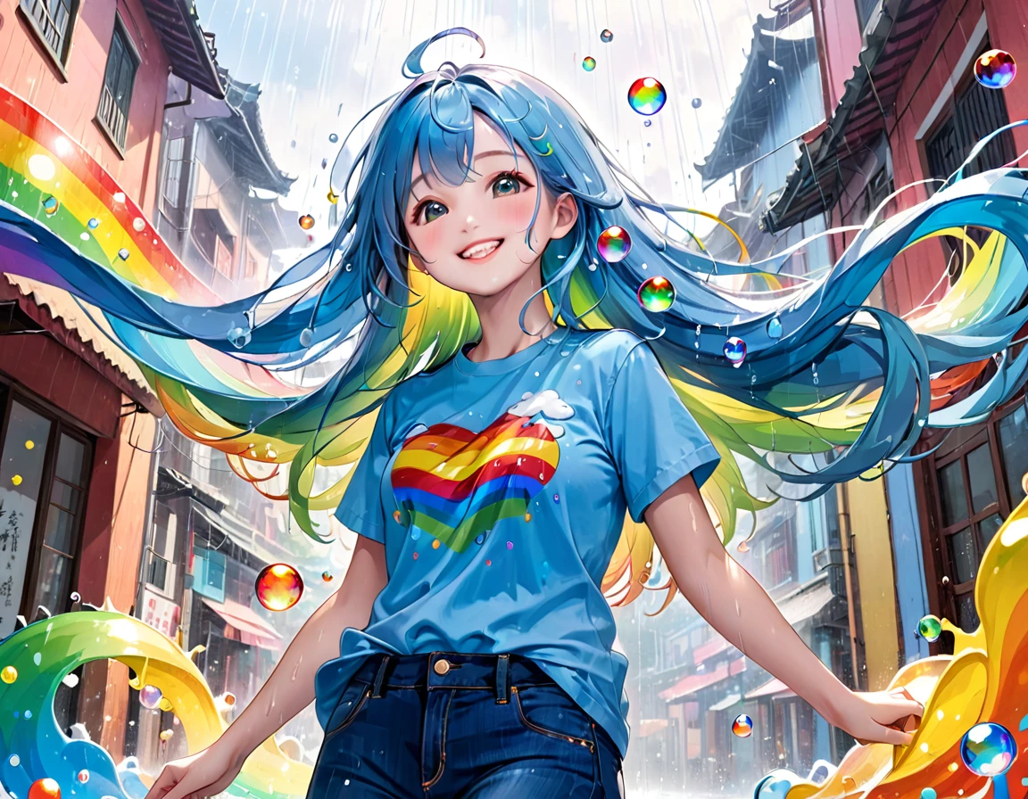Xingqiu (masterpiece), (Highest quality), (Super detailed),(Light blue long hair),(figure), (One girl), Beautiful fine details,Delicate and beautiful face,smile、Looking up at the rainbow after the rain、Colorful rainbow bubbles、Jeans on a t-shirt、floating,(High saturation),(Colorful splashes),