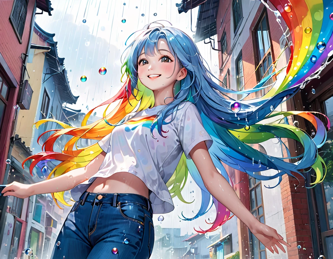 Xingqiu (masterpiece), (Highest quality), (Super detailed),(Light blue long hair),(figure), (One girl), Beautiful fine details,Delicate and beautiful face,smile、Looking up at the rainbow after the rain、Colorful rainbow bubbles、Jeans on a t-shirt、floating,(High saturation),(Colorful splashes),
