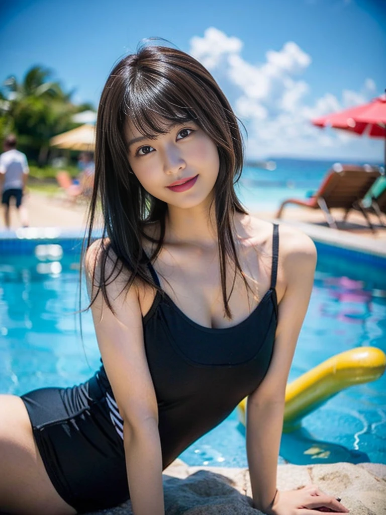 School Swimsuit、(8K、Raw photography、top-quality、​masterpiece:1.2)、(realisitic、Photorealsitic:1.37)、Ultra-detail、超A high resolution、1 girl、see the beholder、beautifull detailed face、A smile、Constriction、(Slim waist) :1.3)、Beautiful detailed skin、School Swimsuit,,Blushing、Pale brown eyes、Brown Hair、Semi-long hair、Head to toe full body、Blushing、Embarrassed look、Composition from the front、A view from slightly below、school swimwear、Acme Face、Random pose、, 、nsfw、Highest quality、1 girl、solo、Ocean、Sandy Beach、Sexy pose、Random pose、Blushing、Wet、Embarrassed、I can see half of my boobs、、One piece swimsuit、(Strap slip:1.3)、School Swimsuit