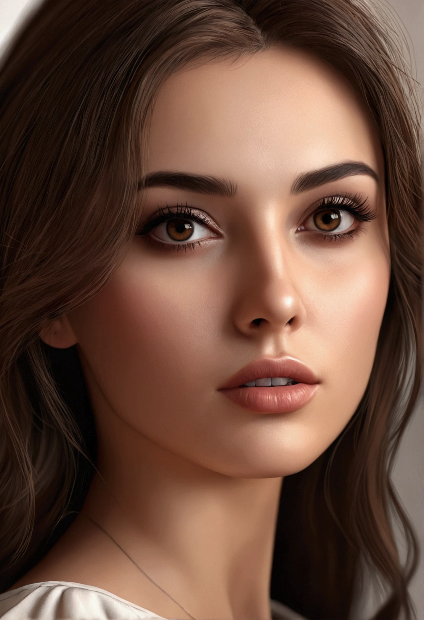 Realistic perfect woman portrait brown hair dark eyes sexy  