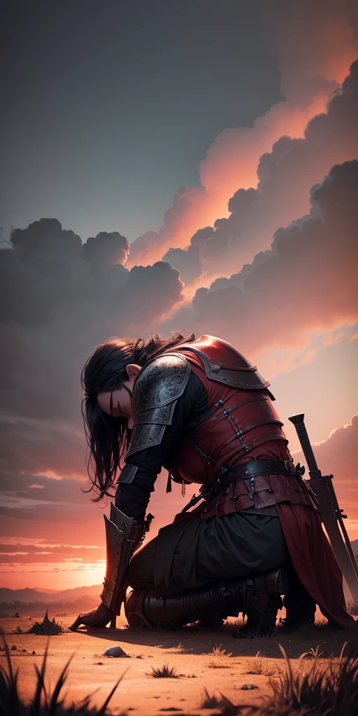 Knight on his knees on a old battlefield vil the sky red colour with black cloud 