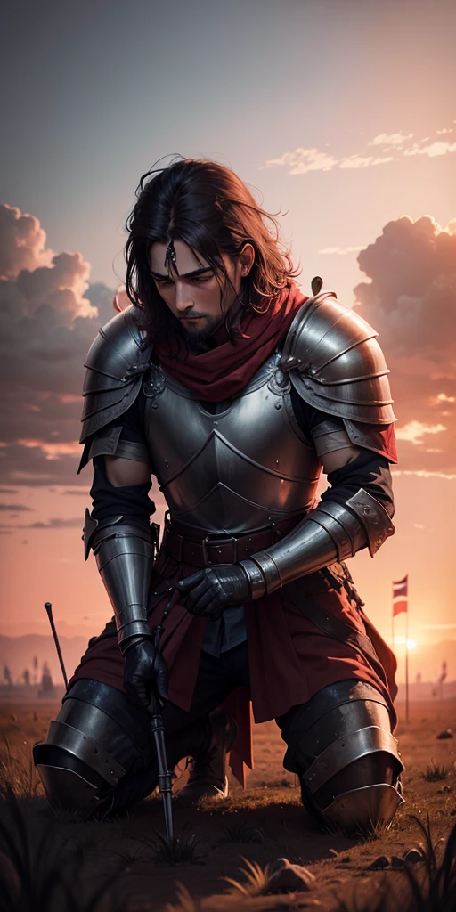 Knight on his knees on a old battlefield vil the sky red colour with black cloud 