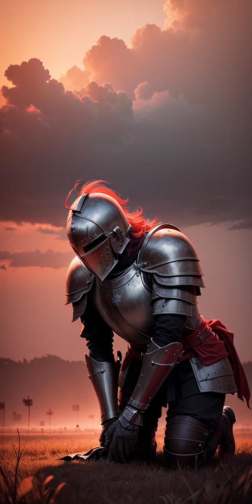 Knight on his knees on a old battlefield vil the sky red colour with black cloud