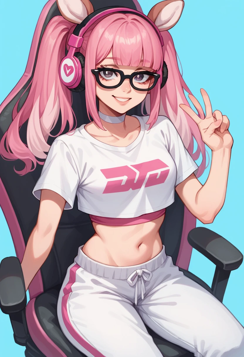 Masterpiece, pink gamer headphones, white gamer headphones, perfect face, smile, vramslace, 1girl, solo, long hair, looking at viewer, pink deer animal ears bangs, shirt, navel, twintails, pink hair, perfect hair, glasses, white choker, midriff, pants, blunt bangs, two-tone hair, lips, crop top, v, grey background, t-shirt, white-framed eyewear, sitting, white racing chair