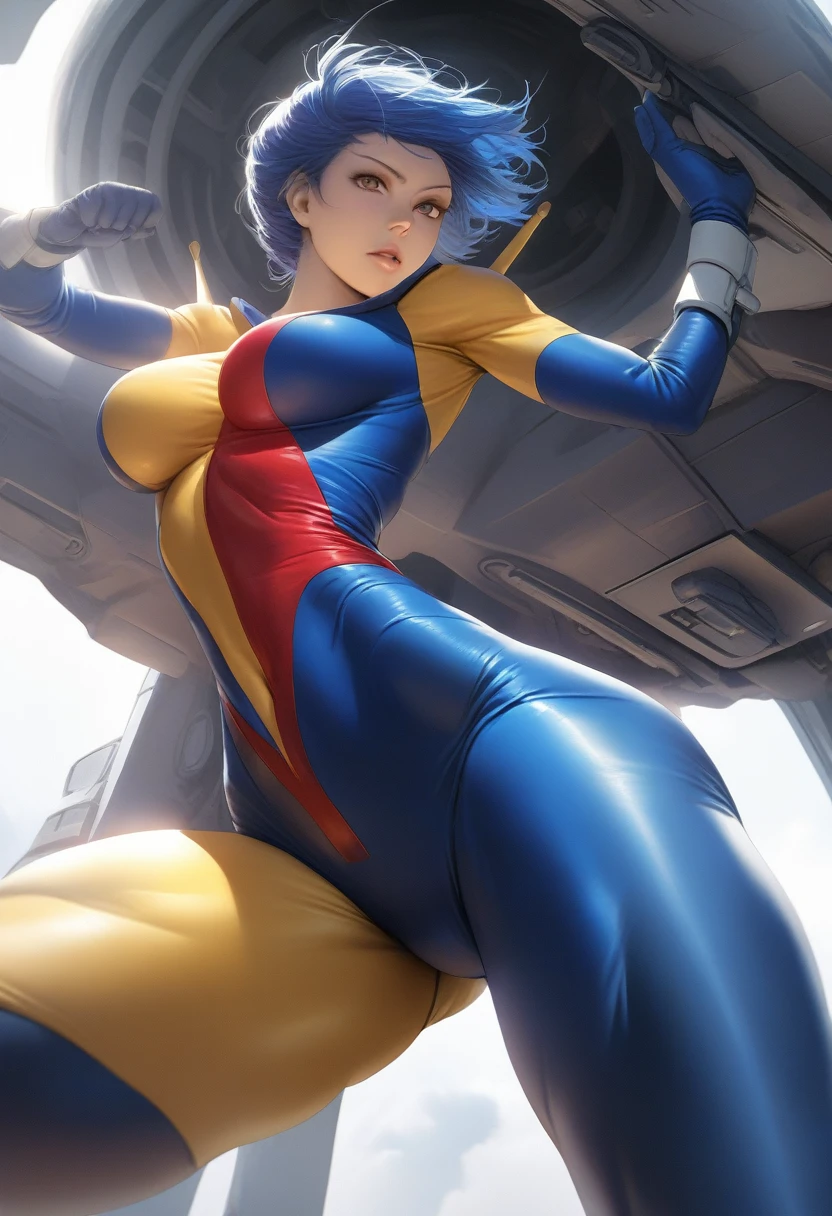 Perfect hands, Perfect Fingers,Perfect Anatomy, masterpiece, Highest quality,Realistic, hyperRealistic, 16k hdr,One Girl, Mid-chest,Blue Hair, Bobcut,Mobile Trace Suit, Scapula,Fighting Pose, Upper Body, cockpit,From below