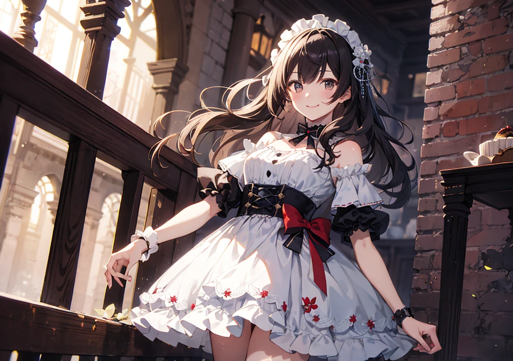 Realistic photos, Focus distance 10mm, Red and white, A big smile, Beautiful girl, Realistic photos, Focus distance 10mmで撮影, masterpiece, 最high quality, high quality, Very detailed CG 8k wallpaper unit, Award-winning photography, Depth of written boundary, High resolution, bloom, chromatic aberration, Realistic, Very detailed, Art Station Trends, CGsociety Trends, Complex, High detail, dramatic, volumetric lighting, Chocolate cakeが擬人化された美少女。She has chocolate-colored hair and a decorated dress., Chocolate cake, Castle in the background