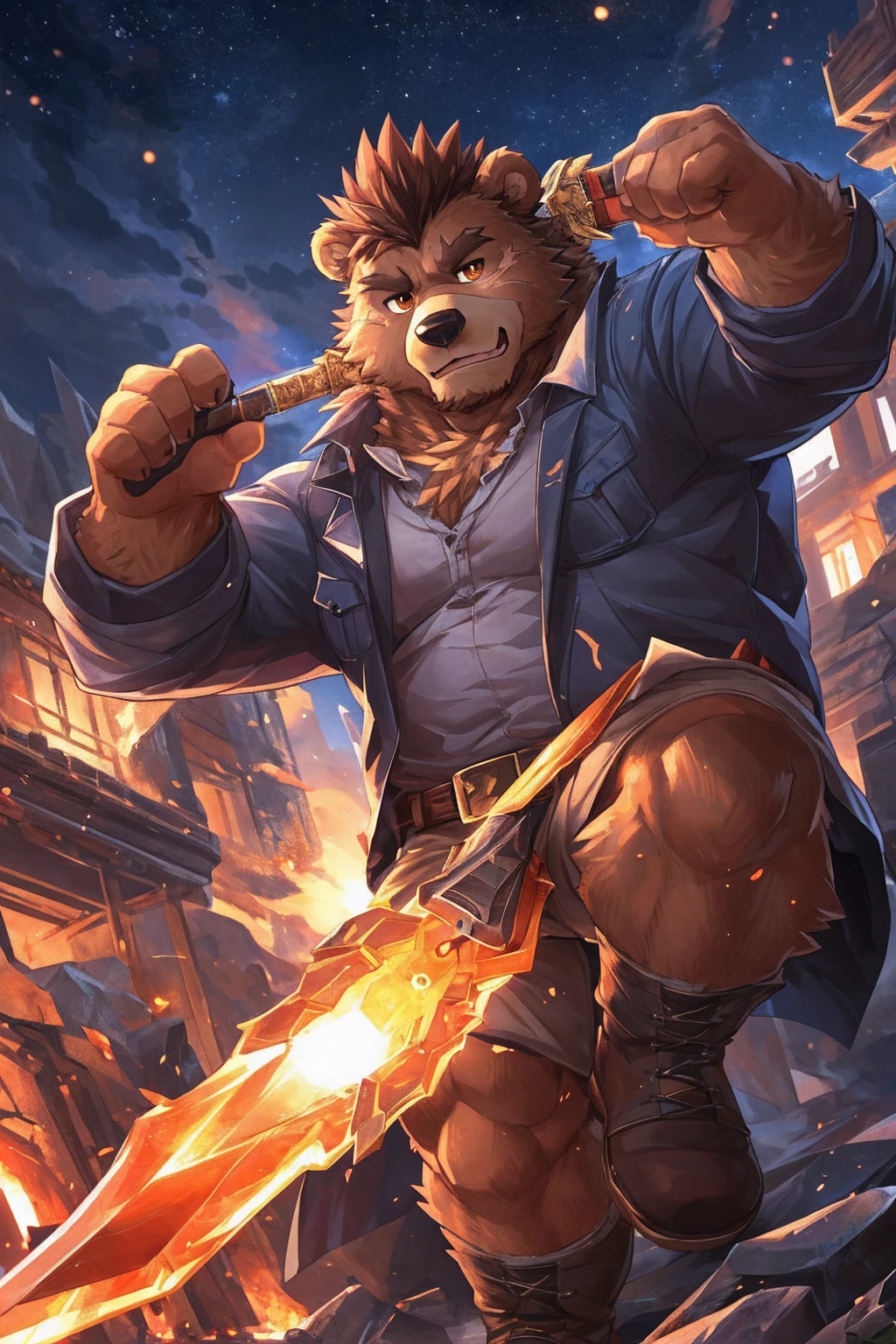 human nature, Wildlife, male,36 years old，Uncle， solitary, ((Round Face, The face is plump,Orange eyes,thick brown hair，Furry little ears with scars)), ((Endomorph, Handsome的，Hot Blood)), （construction worker，White architectural clothing，Holding a military long knife), ((domestic brown bear, Bear Orc，) Fluffy fur, Fluffy), Bokeh, (high quality, high resolution, masterpiece), (Dynamic Lighting, Vibrant colors，Natural fill light), (Revitalize，Handsome，), Full body picture (close up), cartoon, author：Takemoto Arashi, From zixiong, By Chunni, author：Empty Ghost，moonlight，Draw the sword on the cliff，Lean on your teammates&#39; backs，Two-player combat，Night，Surrounded，Beautiful starry sky，（background：moonlight的悬崖边）