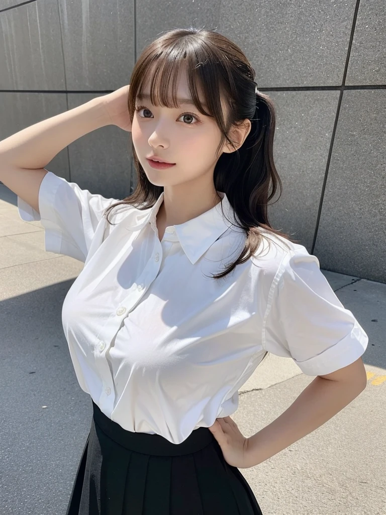 Short length、 ((White shirt、Summer clothes、Black Office Lady Skirt)),  Brown Skin、Huge breasts:0.8,thin, Medium ponytail、Light brown hair,Messy bangs、Cheeky look、Redness on the cheeks、Raise the corners of the eyes、勝ち誇ったthin眉毛、Young Face、 ((Very detailed)), Perfectly detailed face, Great hands, Photorealistic images、((Full Body Shot))、street、Sexy pose