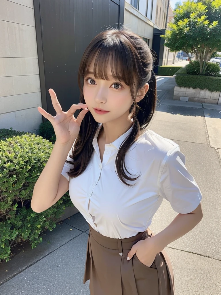 Short length、 ((White shirt、Summer clothes、Black Office Lady Skirt)),  Brown Skin、Huge breasts:0.8,thin, Medium ponytail、Light brown hair,Messy bangs、Cheeky look、Redness on the cheeks、Raise the corners of the eyes、勝ち誇ったthin眉毛、Young Face、 ((Very detailed)), Perfectly detailed face, Great hands, Photorealistic images、((Full Body Shot))、street、Sexy pose