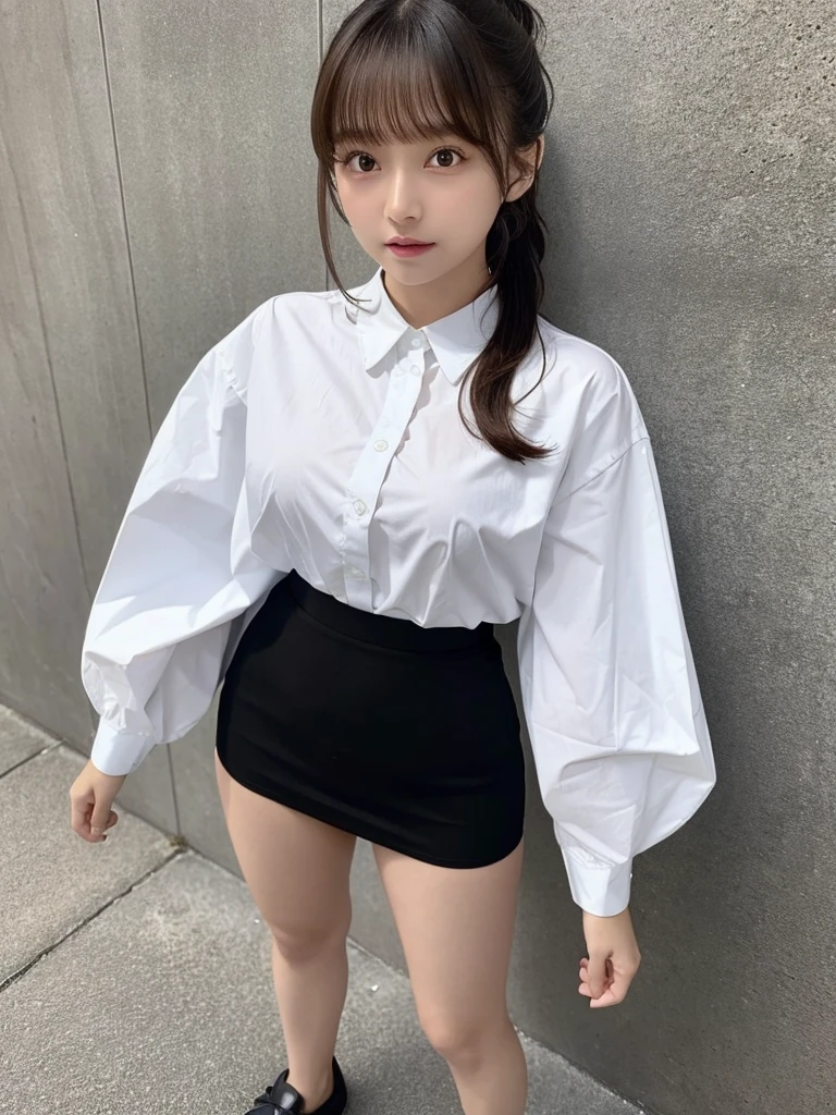 Short length、 ((White shirt、Summer clothes、Black Office Lady Skirt)),  Brown Skin、Huge breasts:0.8,thin, Medium ponytail、Light brown hair,Messy bangs、Cheeky look、Redness on the cheeks、Raise the corners of the eyes、勝ち誇ったthin眉毛、Young Face、 ((Very detailed)), Perfectly detailed face, Great hands, Photorealistic images、((Full Body Shot))、street、Sexy pose