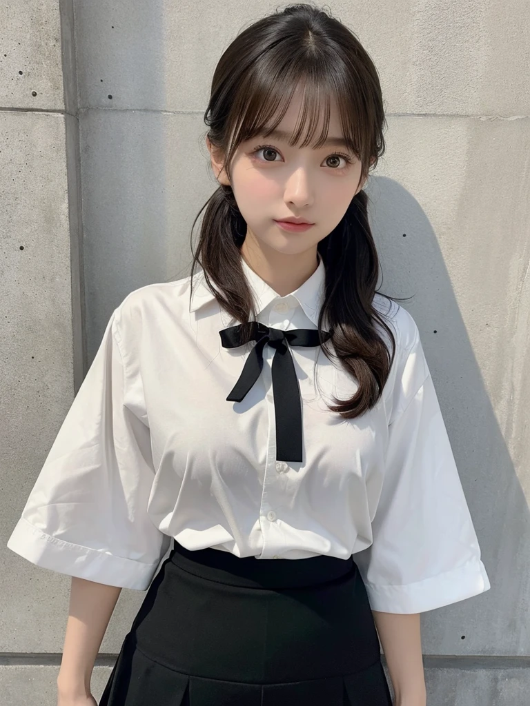 Short length、 ((White shirt、Summer clothes、Black Office Lady Skirt)),  Brown Skin、Huge breasts:0.8,thin, Medium ponytail、Light brown hair,Messy bangs、Cheeky look、Redness on the cheeks、Raise the corners of the eyes、勝ち誇ったthin眉毛、Young Face、 ((Very detailed)), Perfectly detailed face, Great hands, Photorealistic images、((Full Body Shot))、street、Sexy pose