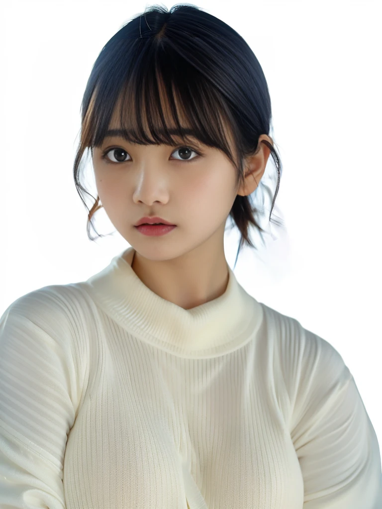 Selfie、Whole body、 a woman wearing a white sweater, neat hair With bangs, short detailed hair, Baiji haircut hairstyle, short detailed hair With bangs, south east asian with round face, Cute and delicate face of girl, With bangs, Korean girls, Young cute asian face, Korean symmetrical face, middle parted bangs, Avatar profile picture，the background is clean