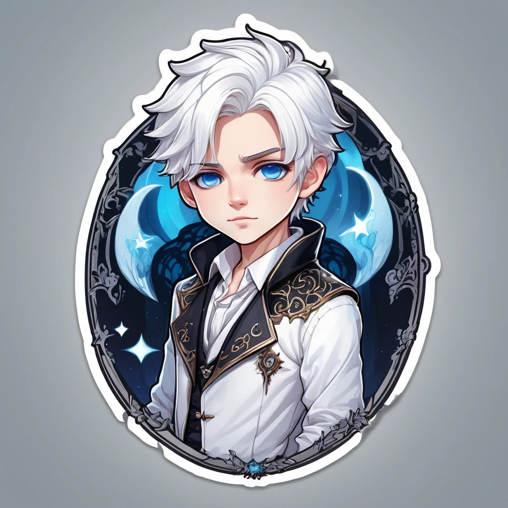 a sticker,boy with white hair, blue colored eyes, short hair, angelical look, magic, drawing image, simple background, Cute cartoon, Gothic style, chibi style, highy detailed, highest quallity, high details, work of art, white leagwear