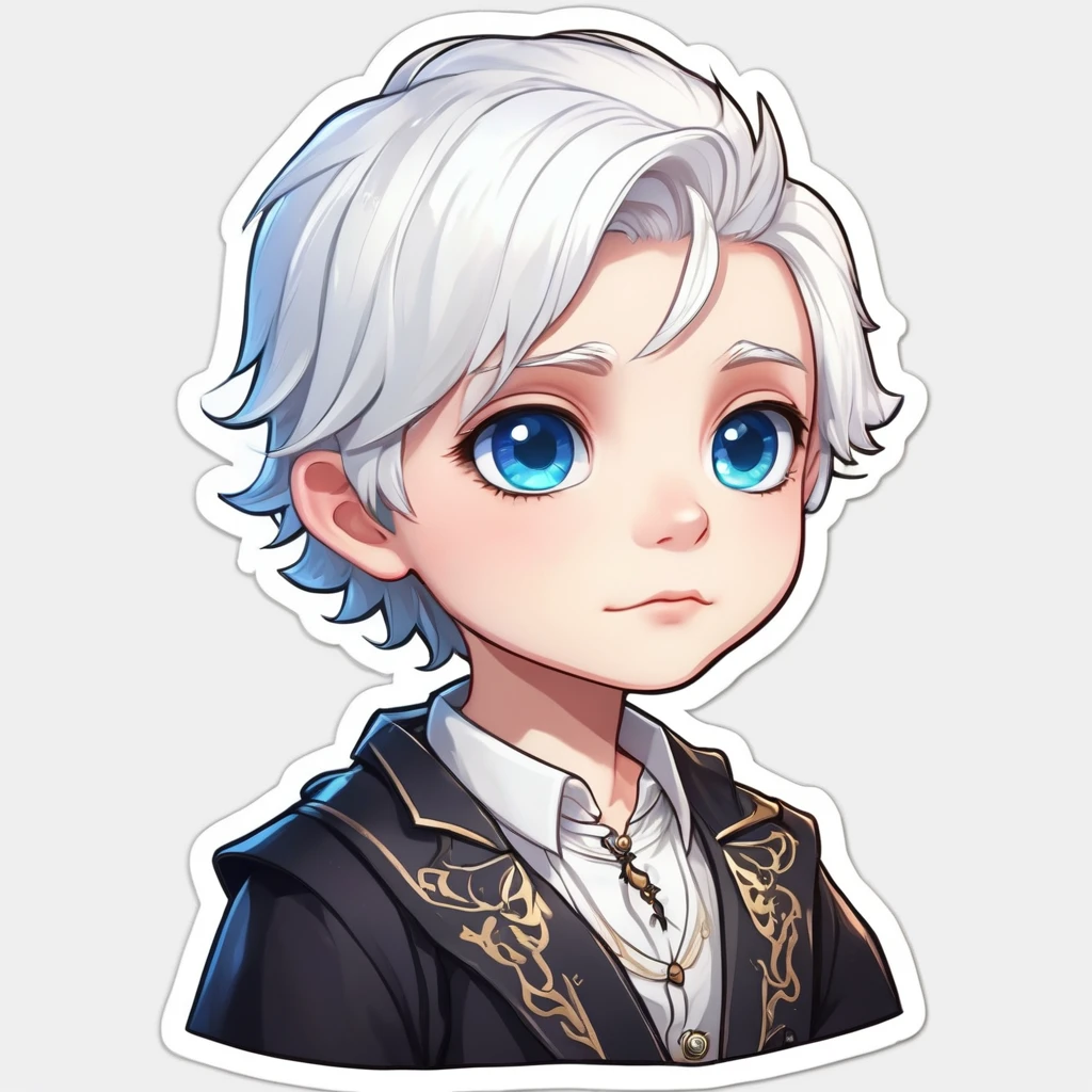 a sticker,boy with white hair, blue colored eyes, short hair, angelical look, magic, drawing image, simple background, Cute cartoon, Gothic style, chibi style, highy detailed, highest quallity, high details, work of art, white leagwear