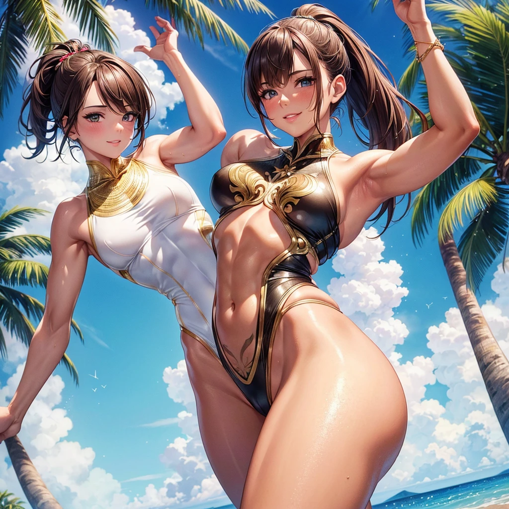 ,(best quality, ultra-detailed, realistic:1.37, masterpiece:1.2), woman, beautiful detailed eyes, beautiful detailed lips, brown hair tied up, smile,gold micro one-piece swimsuit, (muscular body:1.1),slim figure, caustics, textile shading, toned body, clean abs, palm trees swaying, ponytail,