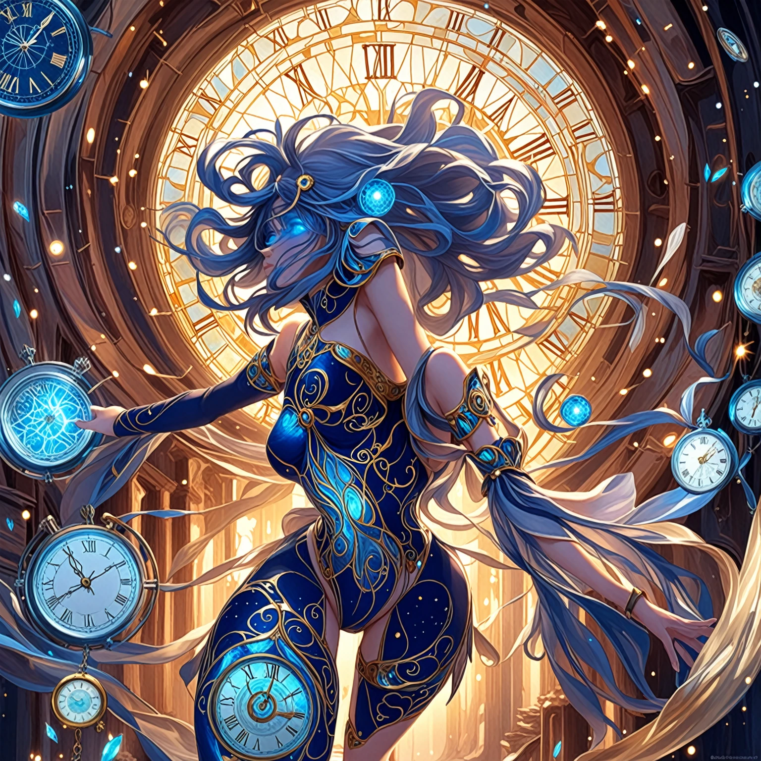 A determined and focused girl with a calm intensity in her eyes, (nude:0.8), slightly distant as if seeing through time. She has long, flowing hair with streaks of silver and blue that shimmer and change with the light. Her deep blue eyes have flecks of gold, symbolizing her connection to infinite timelines. She wears a form-fitting, high-tech bodysuit in shades of midnight blue and silver, adorned with clock gear and constellation patterns. In a dynamic, slightly crouched position, one foot forward as if stepping through a portal. Her right hand extends forward, fingers splayed and glowing with ethereal light, while her left hand cradles an antique pocket watch close to her chest. Surrounded by swirling, translucent time streams that shimmer with iridescent colors. The background is a swirling vortex of temporal energy, with fragments of ancient ruins, futuristic cities, and natural landscapes blending seamlessly. The colors are vibrant and constantly shifting, creating a surreal and timeless environment. She exudes confidence and mastery over her time-manipulating powers, with a semi-transparent, shifting cape trailing behind her, detailed gorgeous face| anime style| key visual| intricate detail| highly detailed| breathtaking| vibrant| panoramic| cinematic| Carne Griffiths| Conrad Roset| gibbli 8k