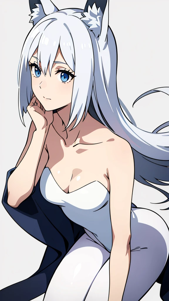 1girl ,solo,20s,mature female,white hair,long hair,fox ears,(simple background),white leggings,clavicle, leotard,