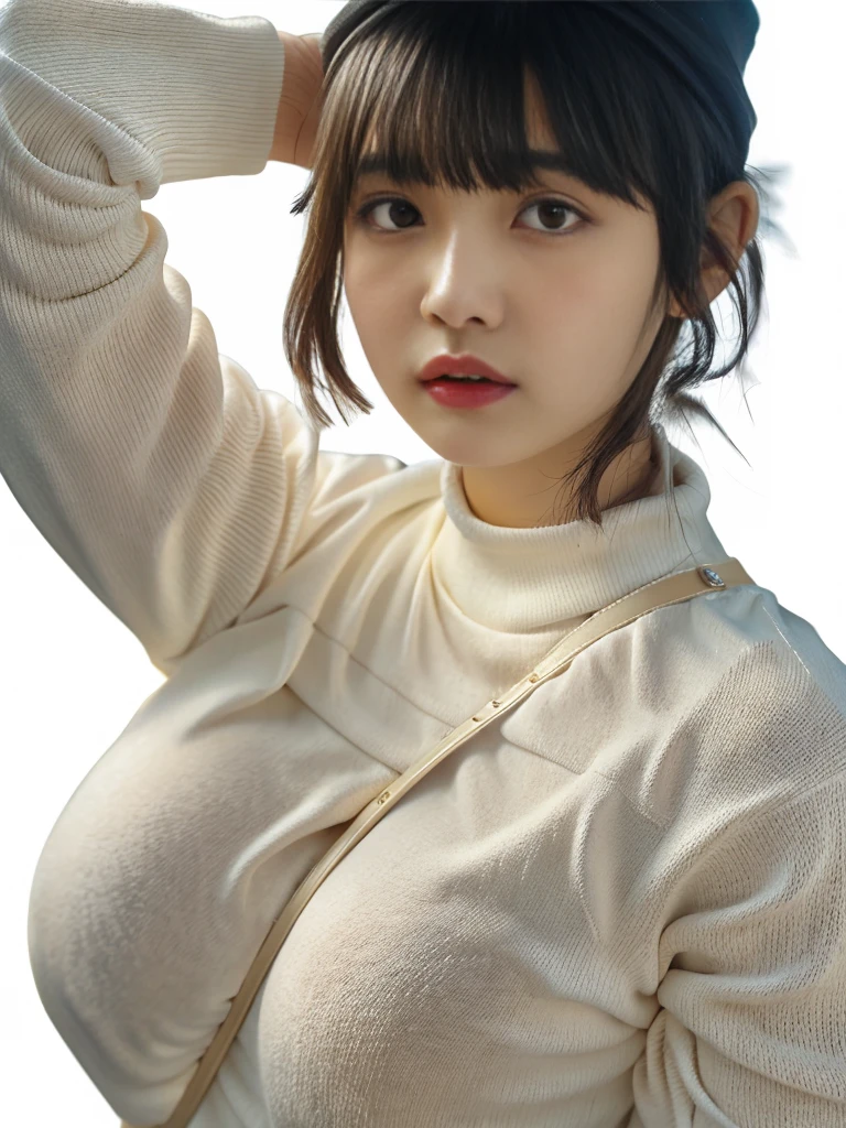 Selfie、Close-up of a woman wearing a white sweater, neat hair With bangs, short detailed hair, Baiji haircut hairstyle, short detailed hair With bangs, south east asian with round face, Cute and delicate face of girl, With bangs, Korean girls, Young cute asian face, Korean symmetrical face, middle parted bangs, Avatar profile picture，the background is clean