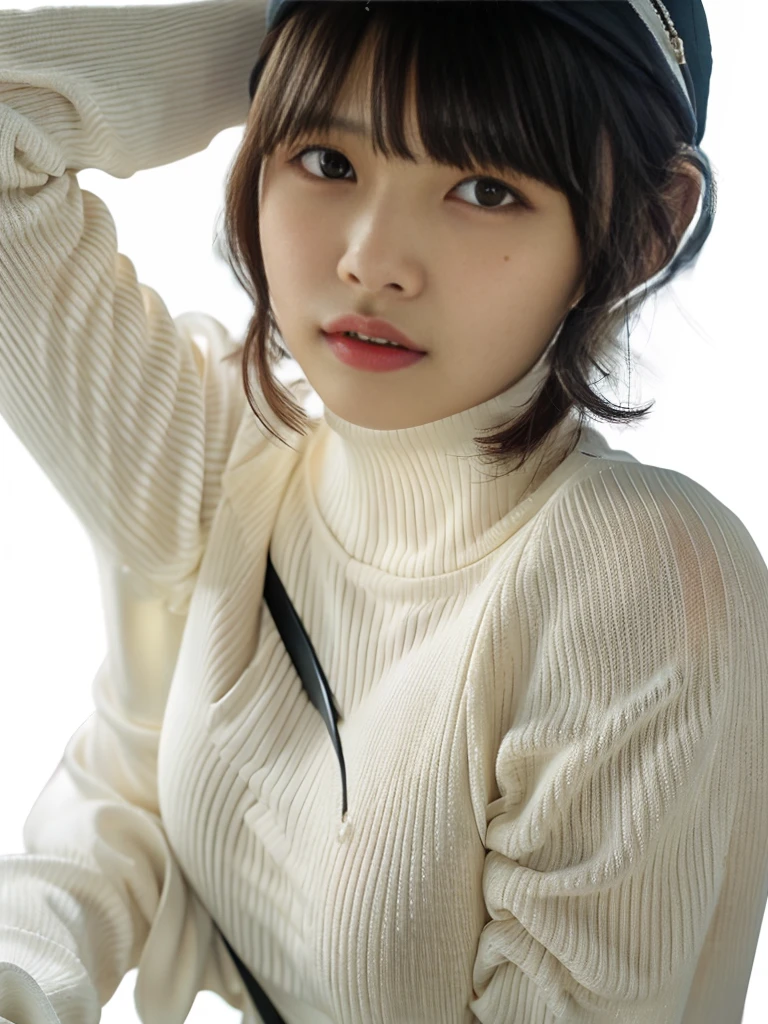 Selfie、Close-up of a woman wearing a white sweater, neat hair With bangs, short detailed hair, Baiji haircut hairstyle, short detailed hair With bangs, south east asian with round face, Cute and delicate face of girl, With bangs, Korean girls, Young cute asian face, Korean symmetrical face, middle parted bangs, Avatar profile picture，the background is clean